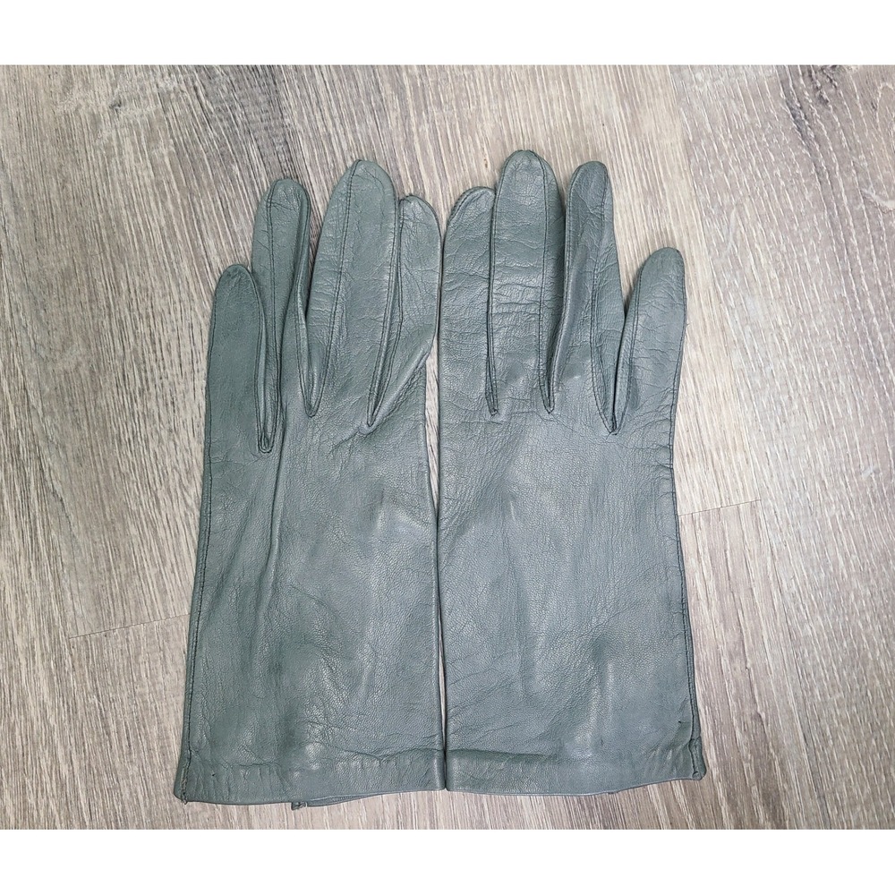 VTG 50's Macy Associates Sz 6½ Washable Gray Leather Gloves Faux Pearl Retro